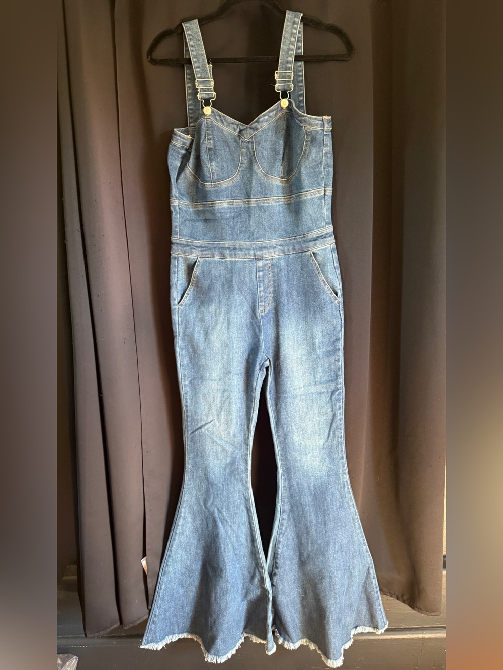 Peach Love California Denim Flare Overalls in Blue